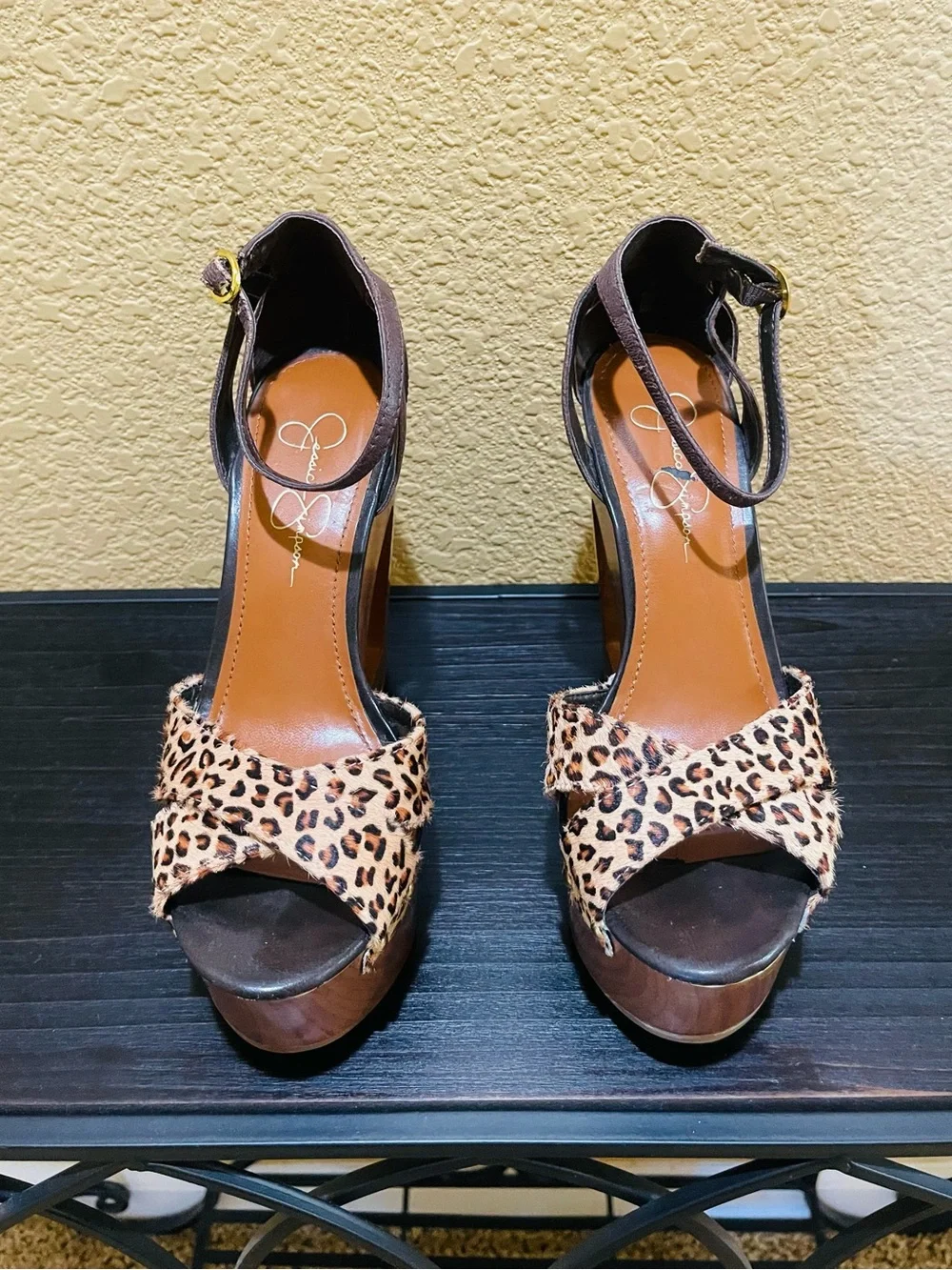 Jessica Simpson Leopard Print Platform Sandals with Black Ankle Straps